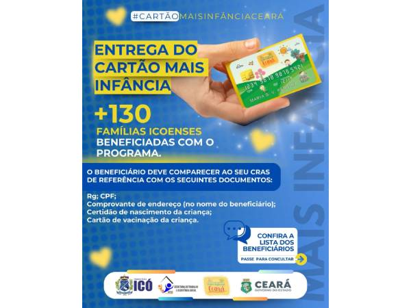 Assistência Social, divulga nova relação de beneficiários do Programa do Cartão Mais Infância.